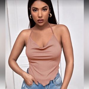 Women's Halter Neck Ribbed Top - Tan